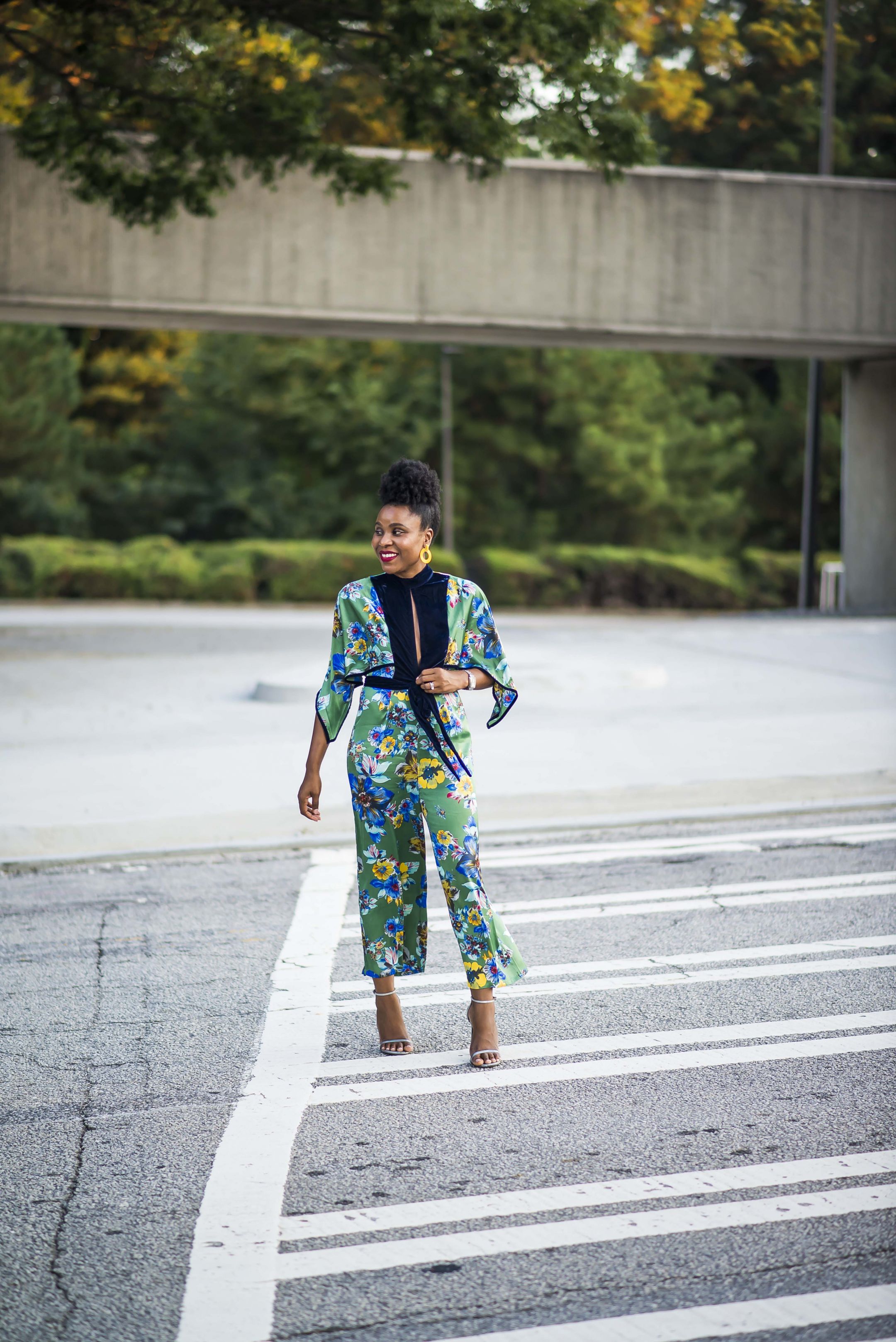 ASOS DESIGN JUMPSUIT WITH HIGH NECK IN MIXED PRINT AND VELVET